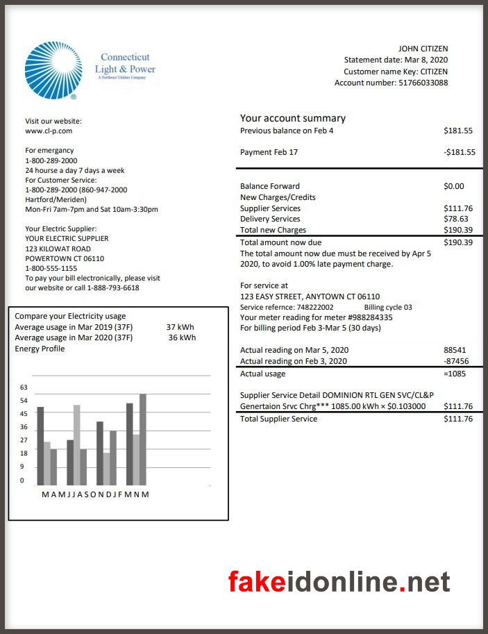 Connecticut Utility Bill PSD Template - Connecticut Proof of Address